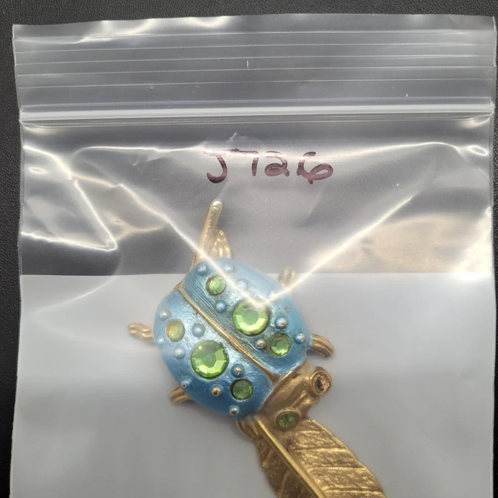Vintage Letter Brass  Opener Beetle Bug on Leaf Gold Tone Rhinestone